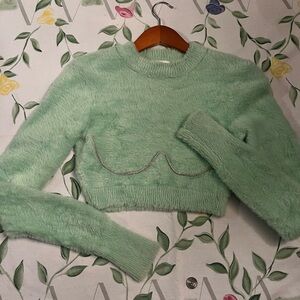 For Love and Lemons Fuzzy Mint Green Cropped Sweater w/ Under bust Rhinestones
